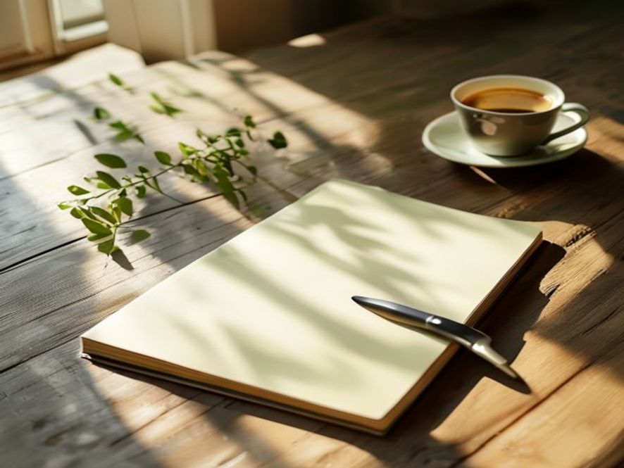 Notesbog og pen på et rent bord med svag naturligt lys