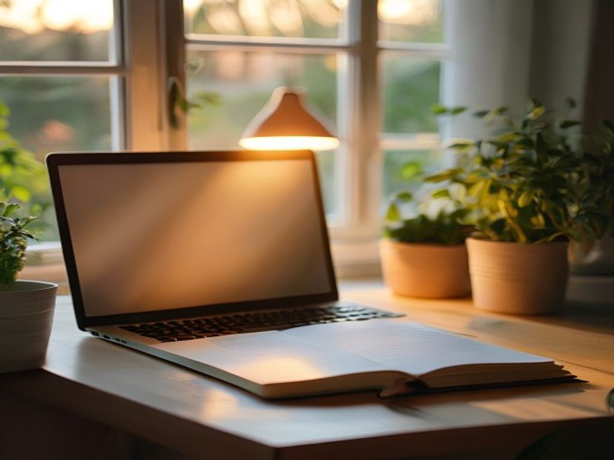 Ordnet skrivebord efter arbejdsdag med lukket computer og dagbog